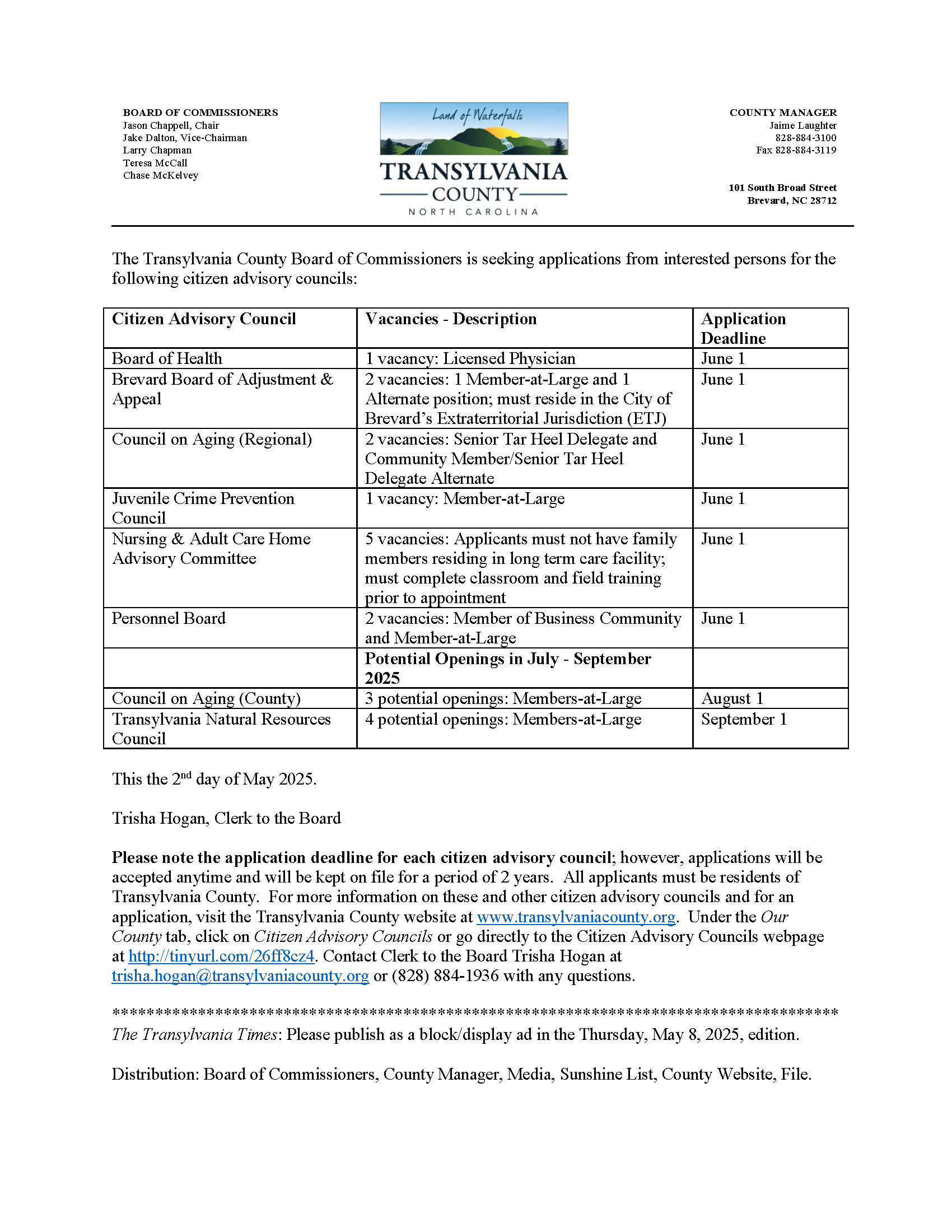 Advisory Vacancies