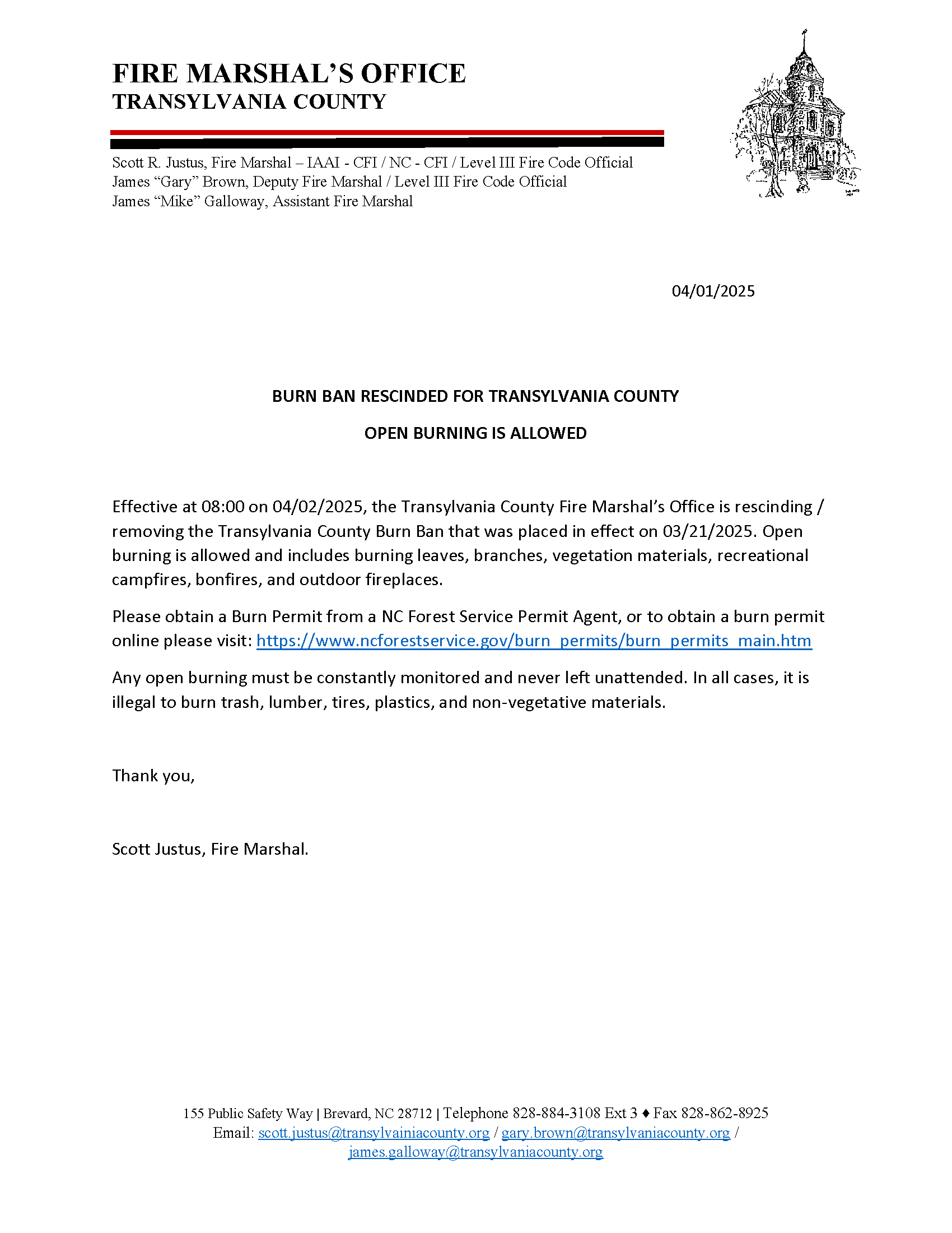 Countywide Burn Ban Rescinded