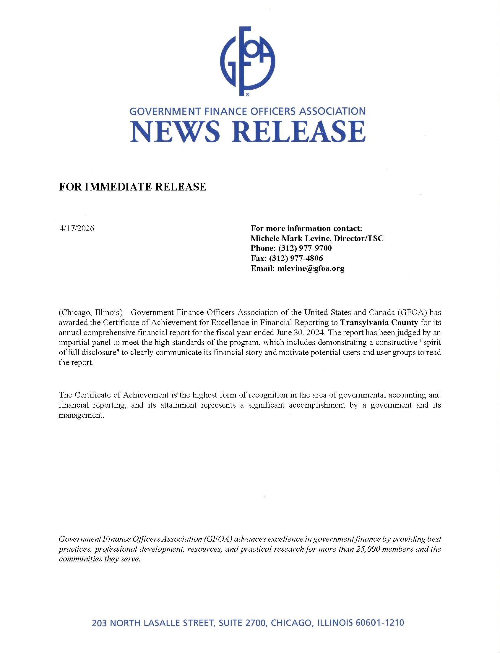 Image of GFOA news release
